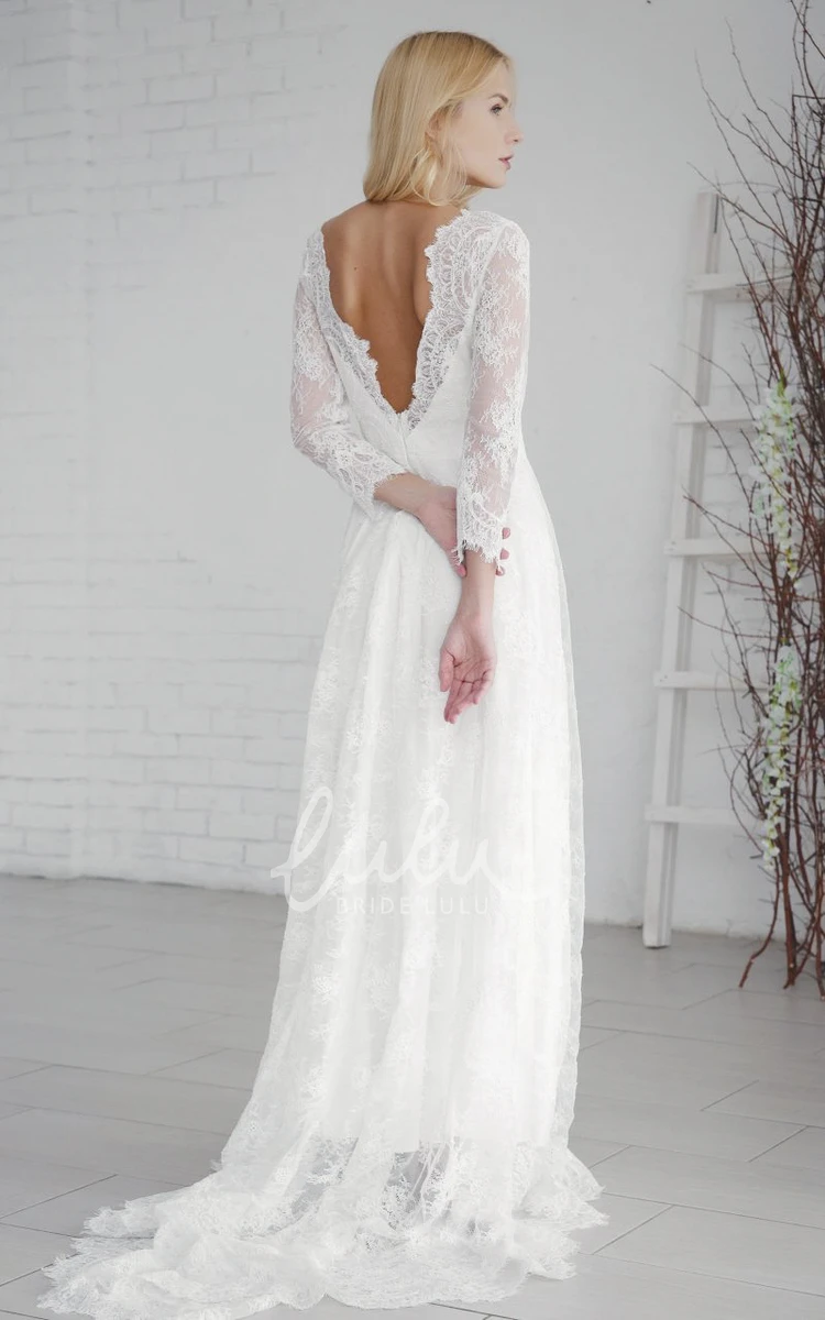 Long Sleeve Lace Wedding Dress with V-neck and Deep V-back Elegant A-line Long Sleeve Wedding Dress