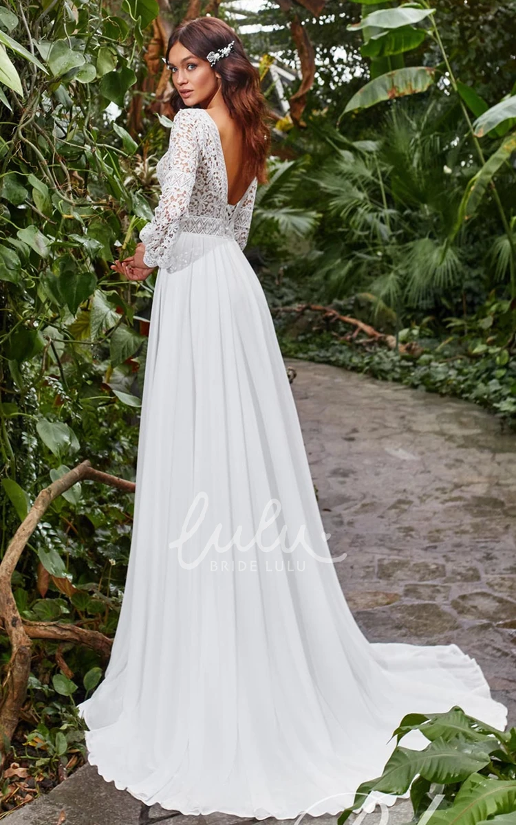 Romantic Lace Chiffon A-Line Wedding Dress with Plunging V-neck and Sweep Train