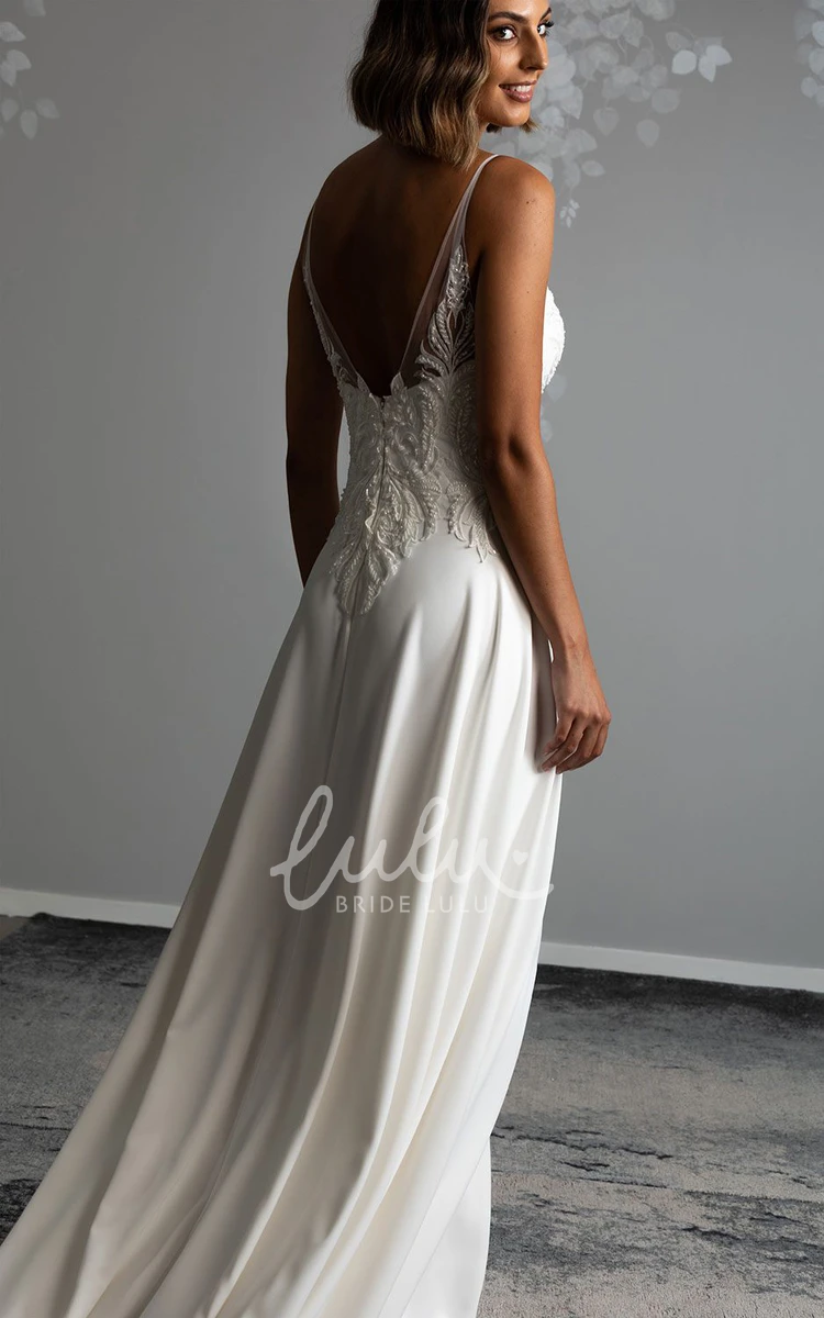 Spandex Casual Wedding Dress with V-neckline Appliques and Deep-V Back