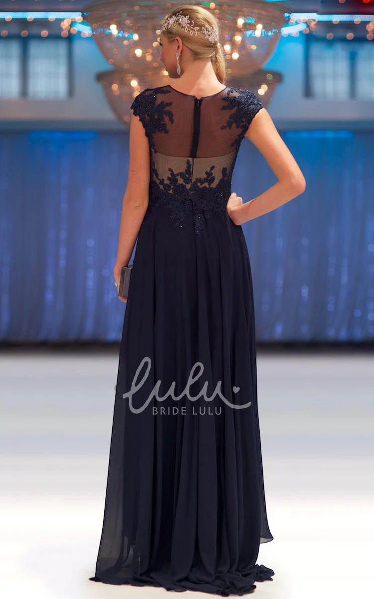 Sheath Chiffon Prom Dress with Beaded Cap-Sleeves Scoop-Neck Long Pleated