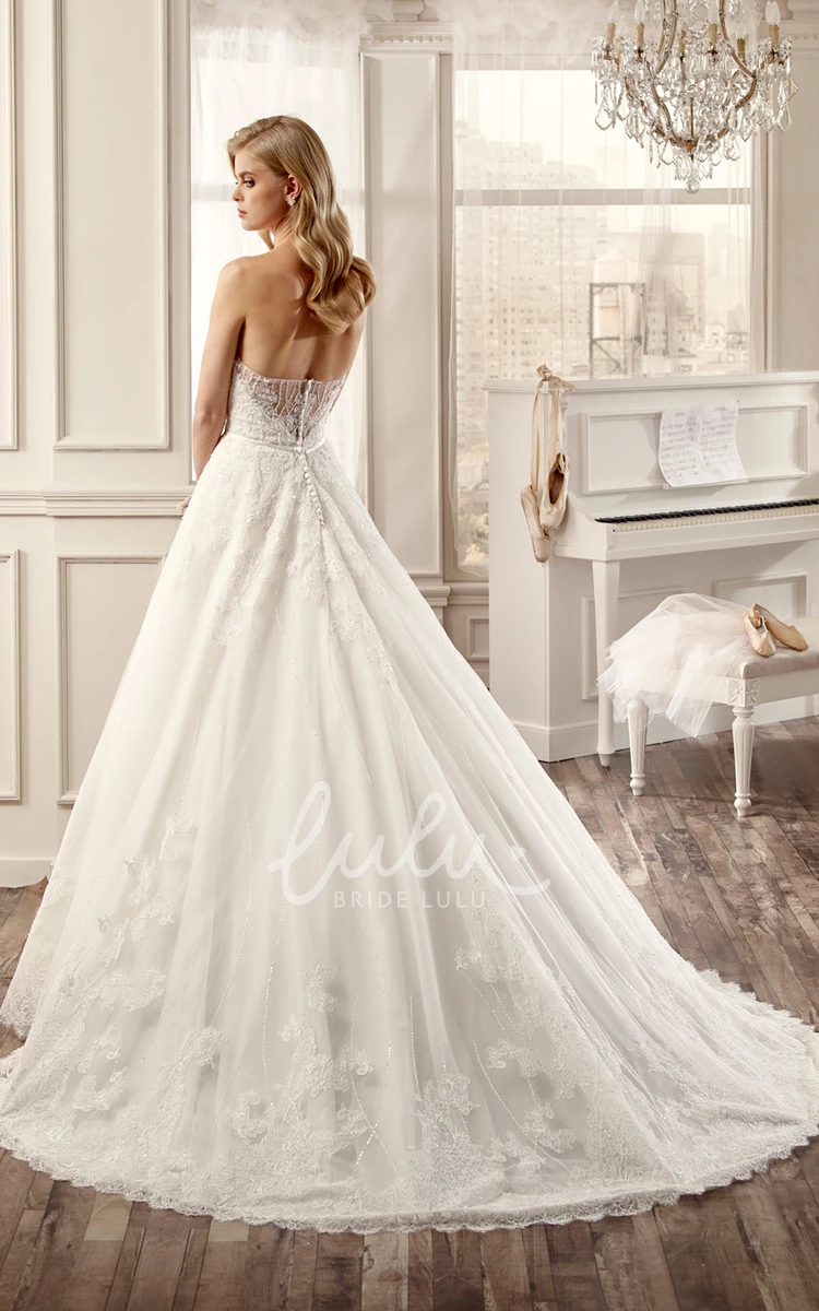 A-Line Lace Appliques Brush Train Wedding Dress Strapless Style