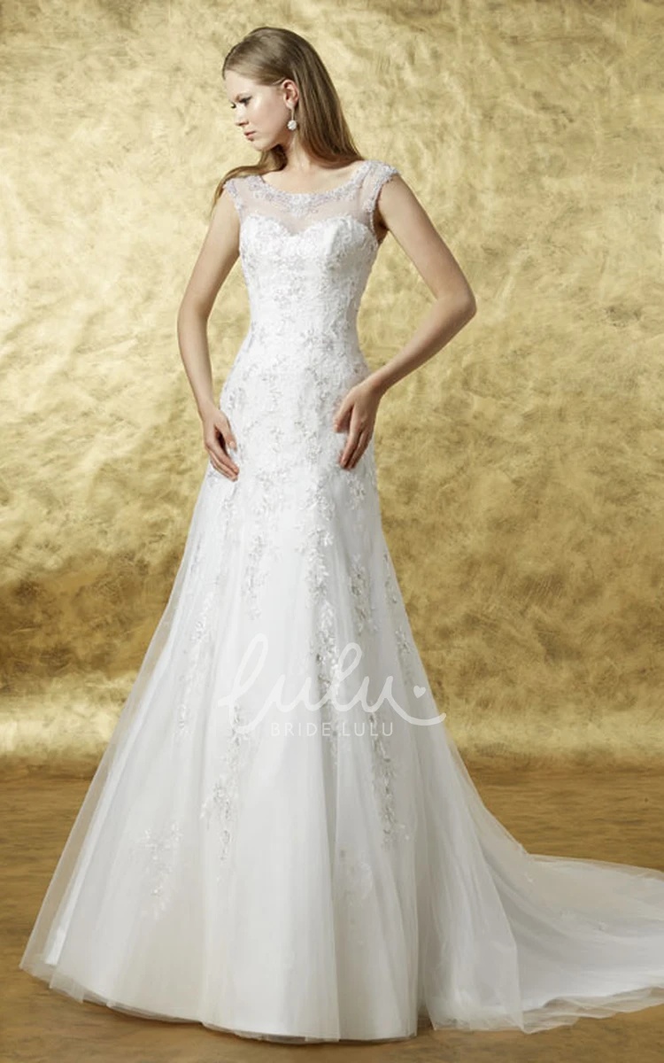 A-Line Tulle Wedding Dress with Appliques Scoop Cap-Sleeve Floor-Length Illusion Back Chapel Train