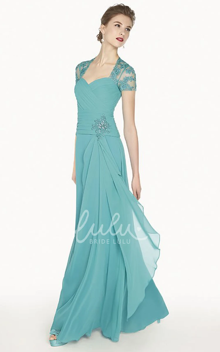 Illusion Back A-Line Chiffon Prom Dress with Queen Anne Neckline and Appliques Long
