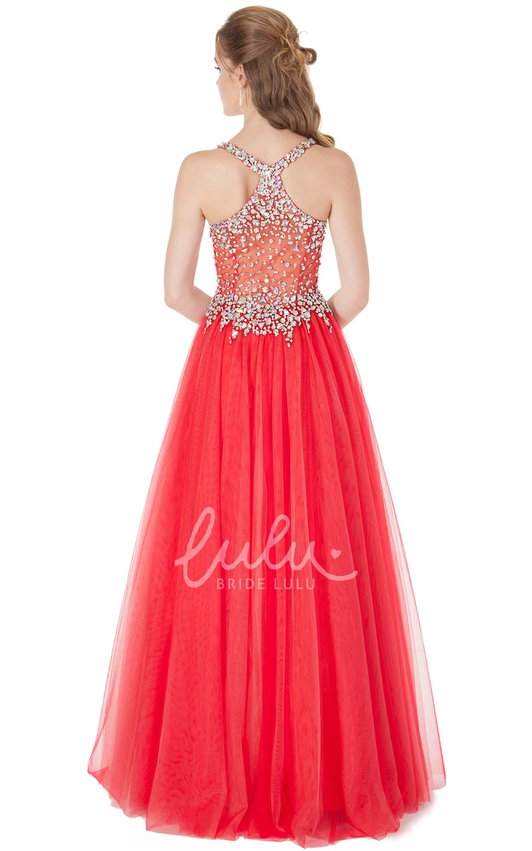 Crystal V-Neck A-Line Tulle Prom Dress Sleeveless Floor-Length with Pleats