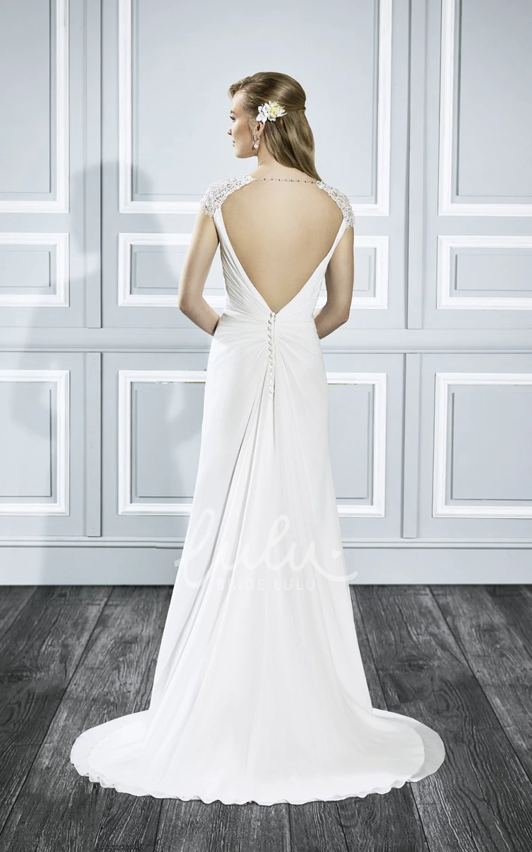 Ruched Cap-Sleeve Chiffon Wedding Dress with Keyhole V-Neck Maxi