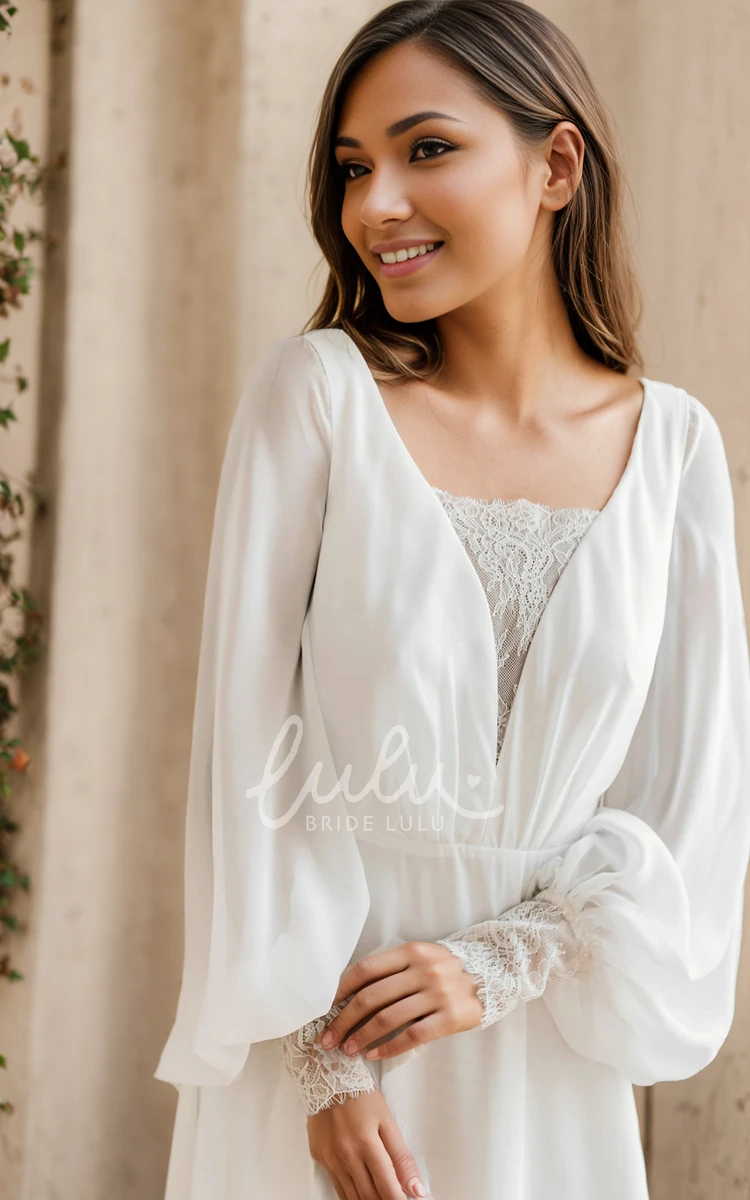 Elegant Flowy Boho A-Line Puff Long Sleeve Wedding Dress Formal Beach Illusion Plunging Neckline Deep-V Back Reception Bridal Gown with Court Train