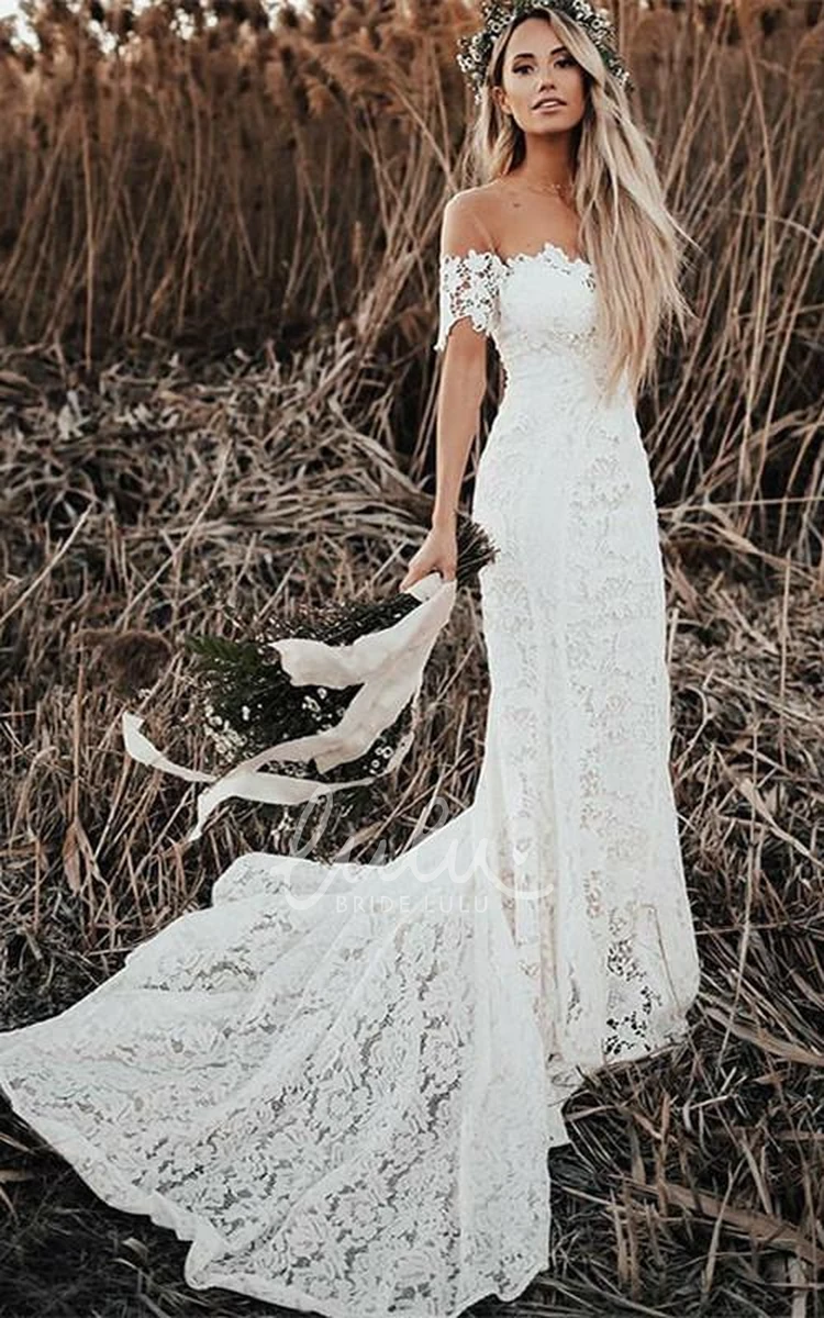 Boho Lace Off-shoulder Short Sleeve Wedding Dress Country Style