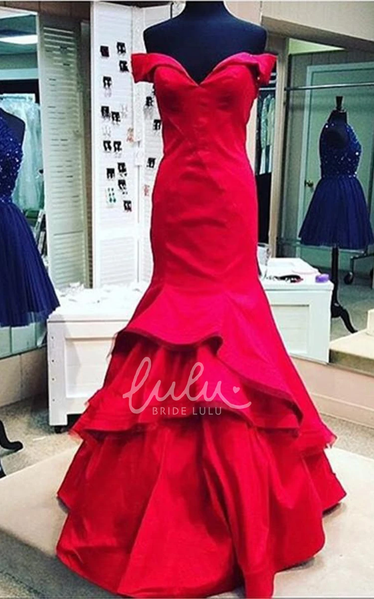 Red Off-Shoulder Mermaid Prom Dress with Ruffles and Sexy Look