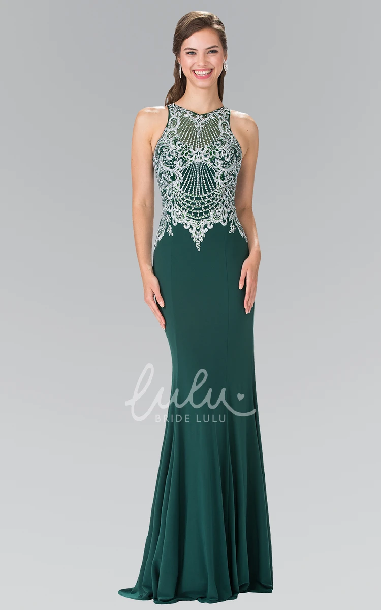 Jewel-Neck Sleeveless Jersey Prom Dress With Beading and Sequins Long Sheath Style