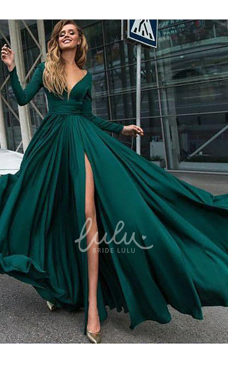 Satin A-Line V-Neck Prom Dress with Long Sleeves and Sweep Train