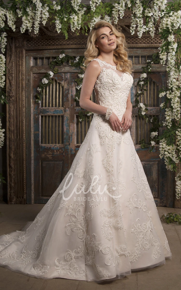 Bateau Neck Lace Appliqued Sleeveless A-Line Wedding Dress Court Train