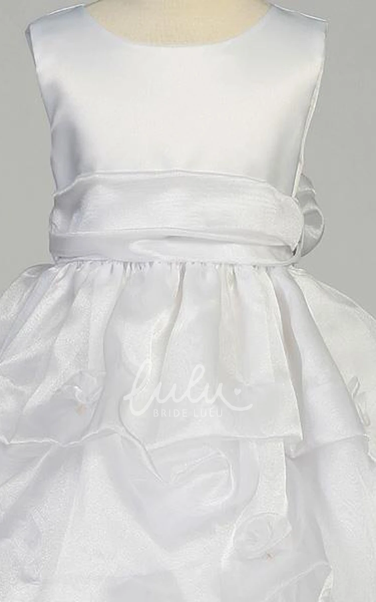 Ruched Organza Satin Flower Girl Dress Tea-Length