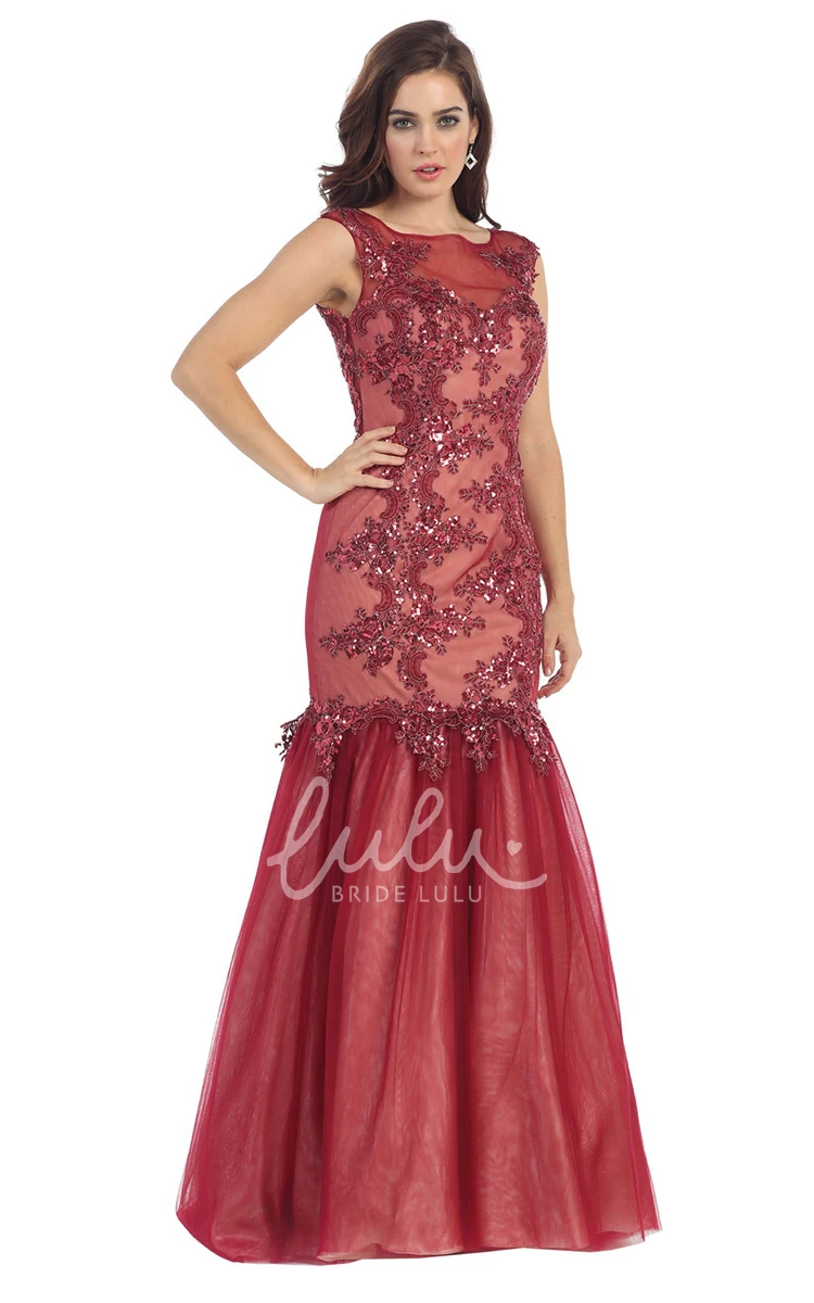 Sleeveless Tulle Trumpet Bridesmaid Dress with Illusion Neckline and Appliques