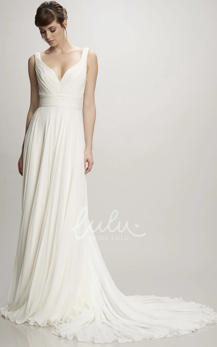 Chiffon V-Neck Wedding Dress with Ruched Bodice and Court Train Modern Bridal Gown