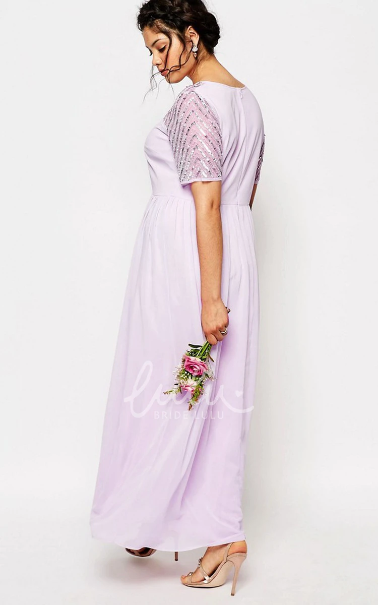 Sequined Chiffon Bridesmaid Dress with Short Sleeve and Scoop Neck