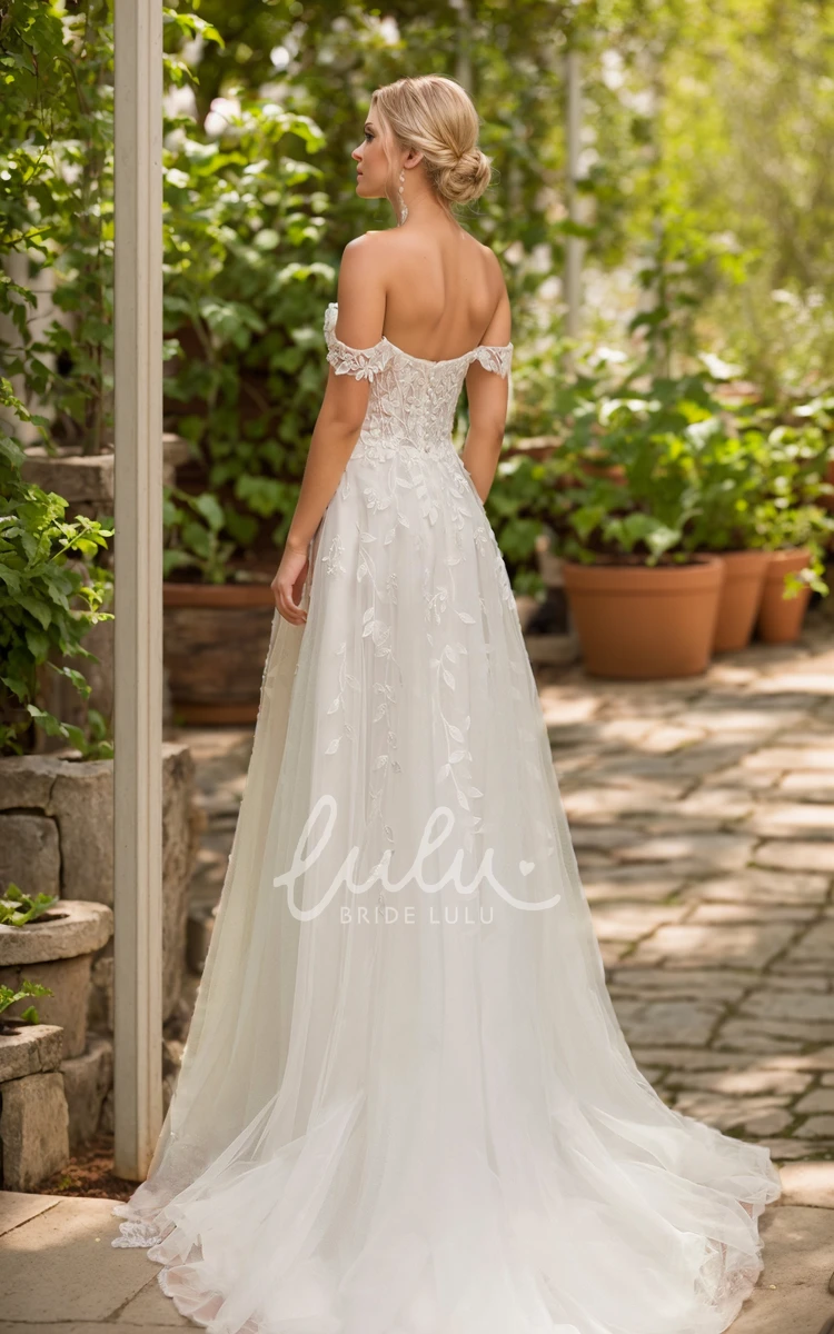 Ethereal Sexy Boho A-Line Lace Off-the-Shoulder Spring Wedding Dress Flowy Elegant Sleeveless Low Back High Slit Garden Beach Bridal Gown