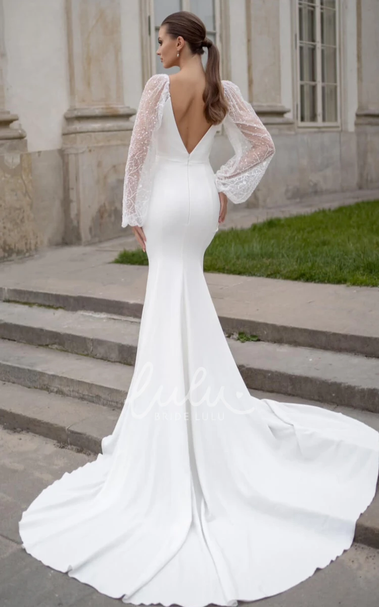 Adorable Satin Wedding Dress with Illusion Sleeves Mermaid V-Neck