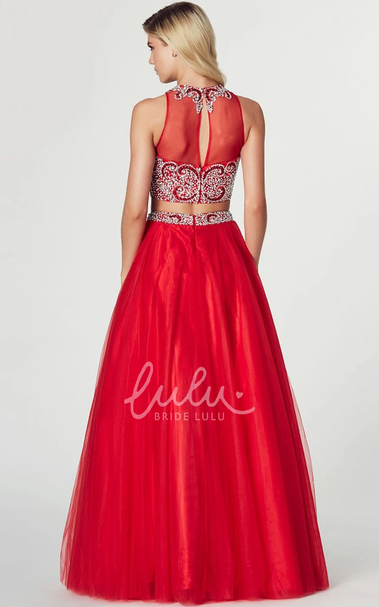 Sleeveless High Neck Beaded Tulle Prom Dress with Illusion Back A-Line