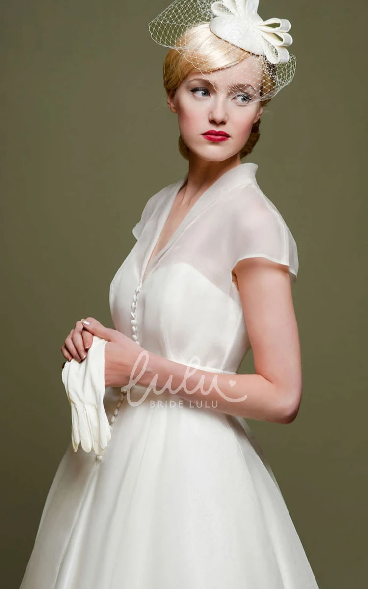 A-Line Tulle Cap Sleeve Wedding Dress with Ribboned V-Neck
