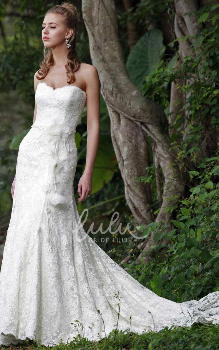 Strapless Lace Sheath Wedding Dress with Appliques Court Train and Flower Embellishment