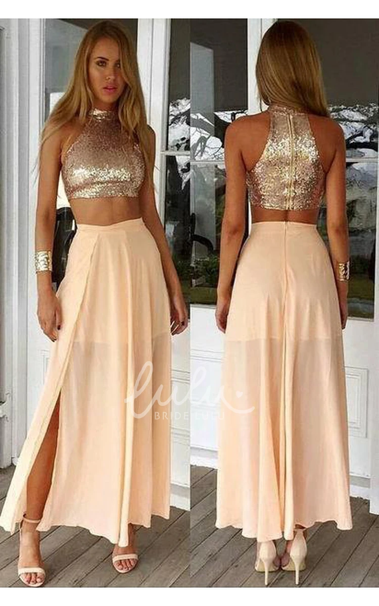 Sequined Two Piece Prom Dress Front Split Floor-length 2025