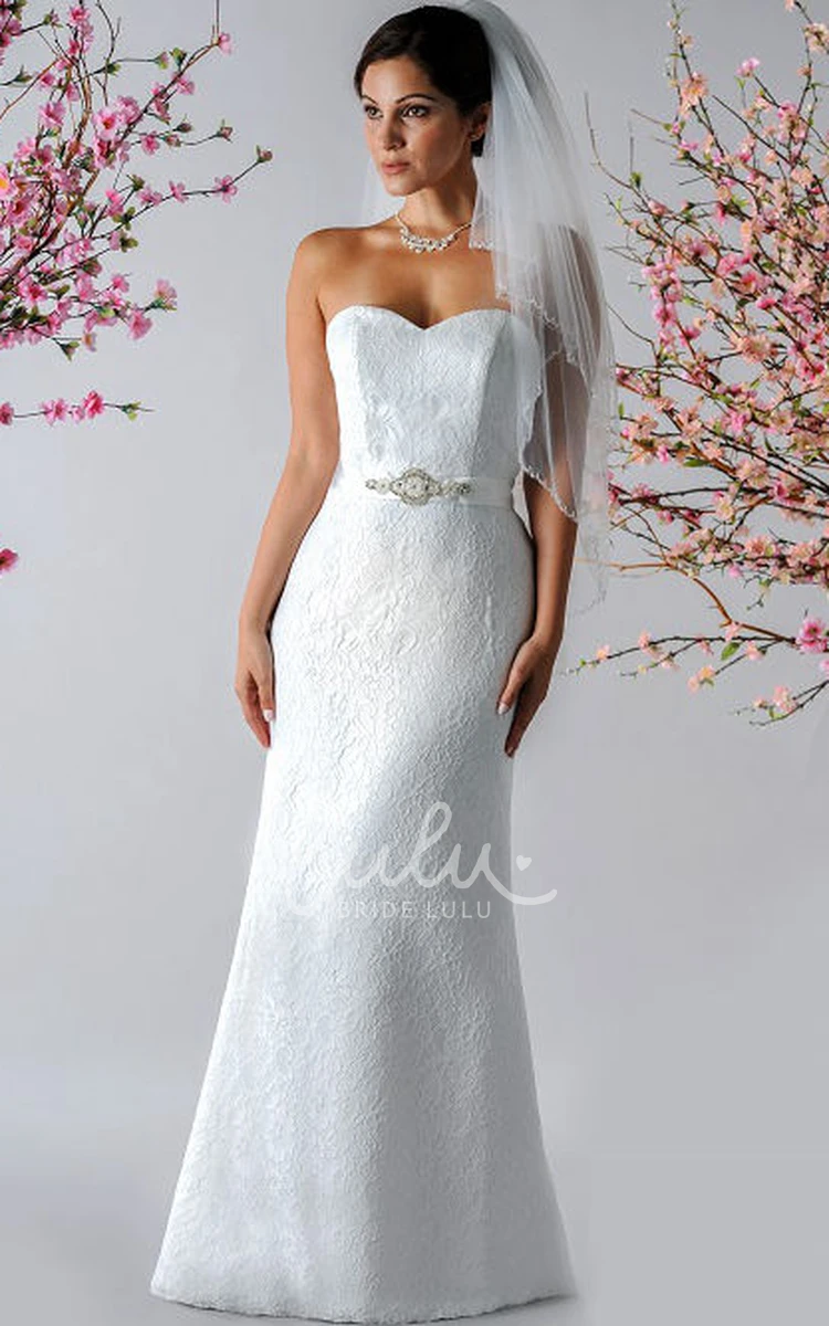 Sheath Wedding Dress with Sweetheart Neckline Lace and Pearl Satin Sash