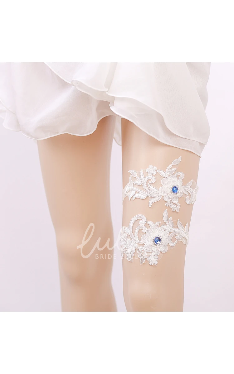 Blue Beaded Lace Applique Bridal Garter Bridesmaid Dress 16-23inch Elastic