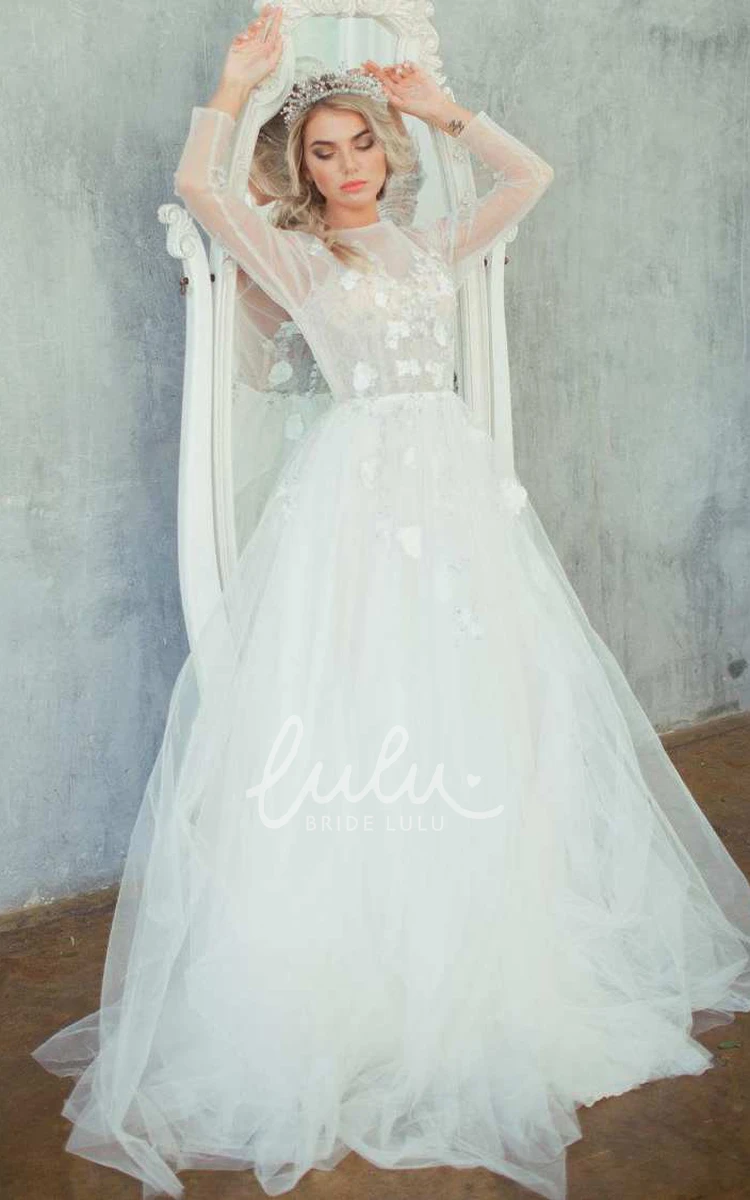 A-Line Tulle Satin Wedding Dress with Lace-Up Corset Back Floral Embroidered Country