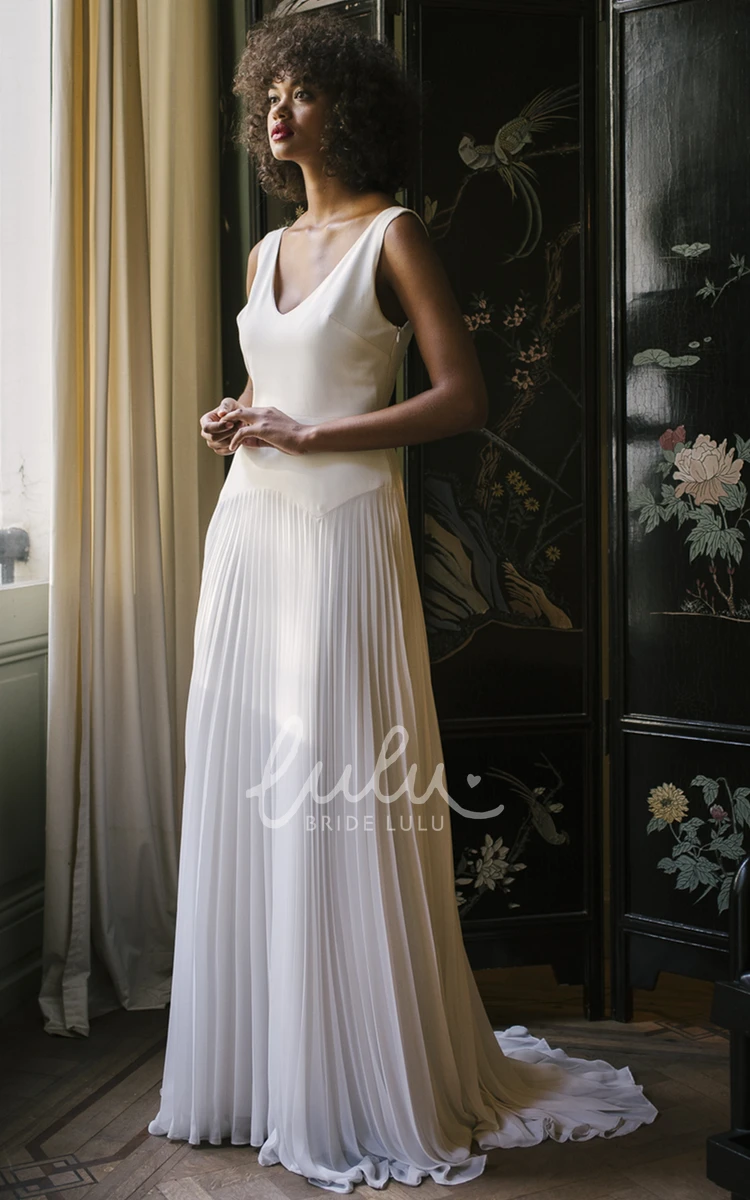 Gorgeous A Line Chiffon Wedding Dress with V-neck and Pleats Flowy Bridal Gown