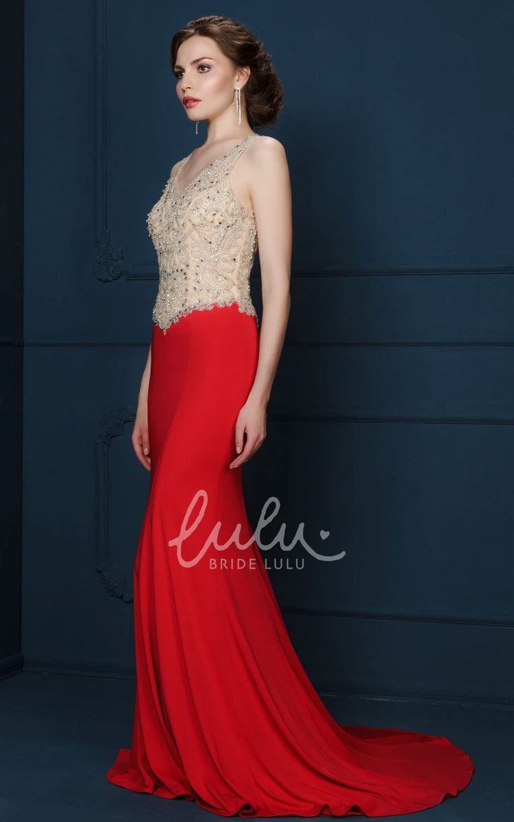 Beaded V-Neck Sleeveless Jersey Evening Dress Sheath Style