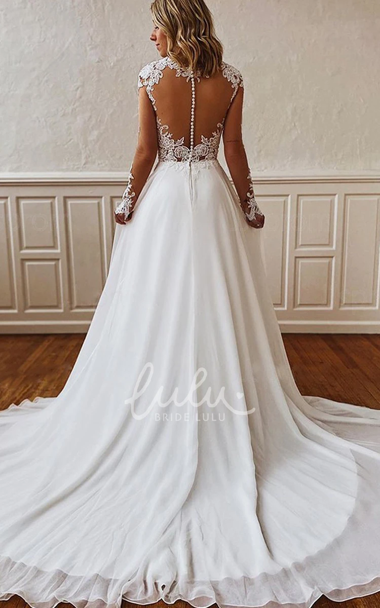 Chiffon Lace A Line Illusion Wedding Dress with V-neck Long Sleeves and Court Train Modern Bridal Gown