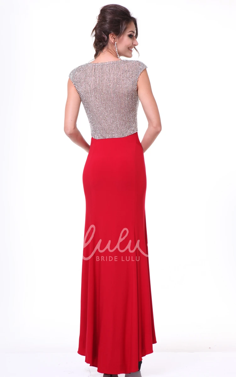 Floor-Length Scoop-Neck Cap-Sleeve Jersey Dress With Beading Sheath