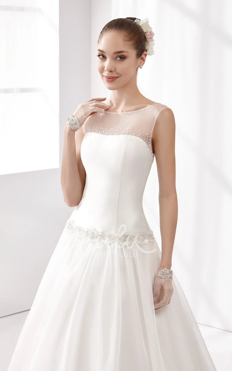 Waist-Drop Wedding Gown with Beaded Details and Illusive Neckline Jewel-Neck Unique Modern