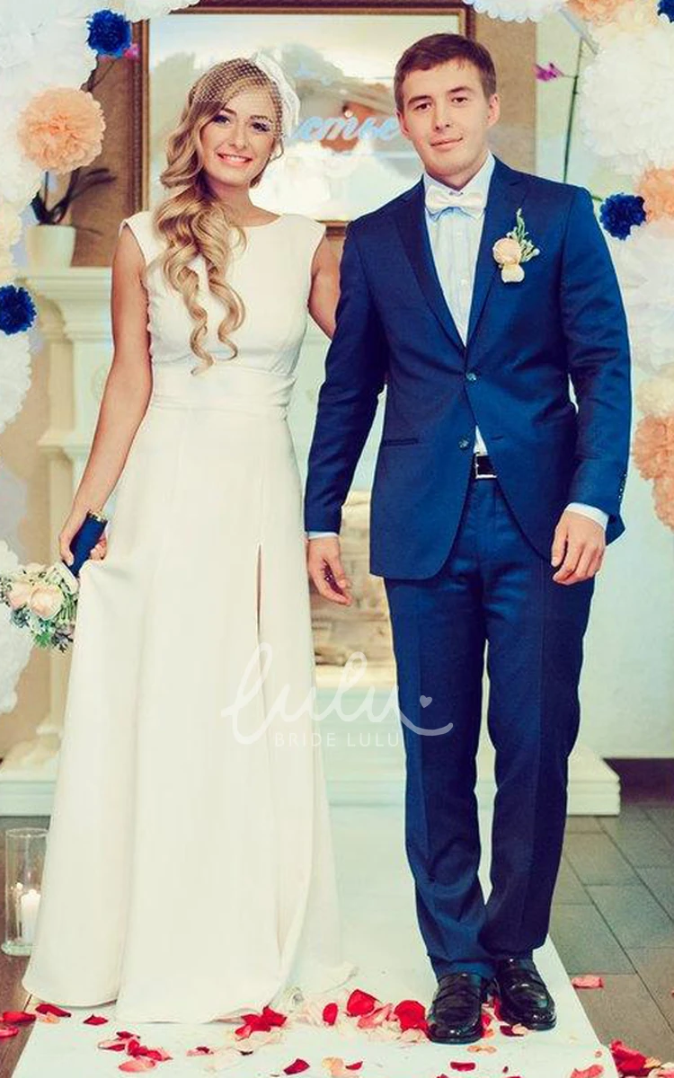 Scoop-Neck Short Sleeve Split Front Long Wedding Dress