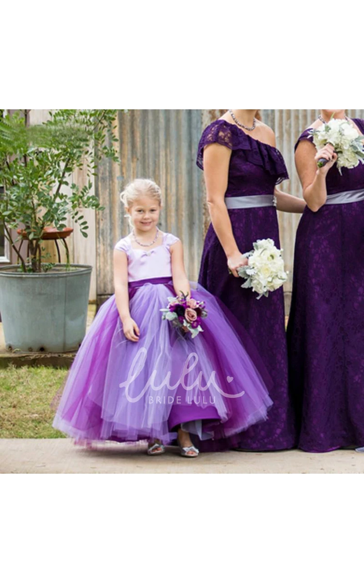 Princess Tulle Flower Girl Dress with Cap Sleeves and Bowknot Wedding Dress