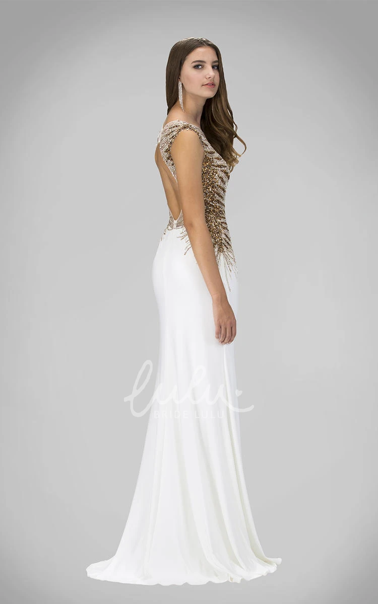 Maxi Keyhole Sheath Jersey Dress with Sequins and Pleats