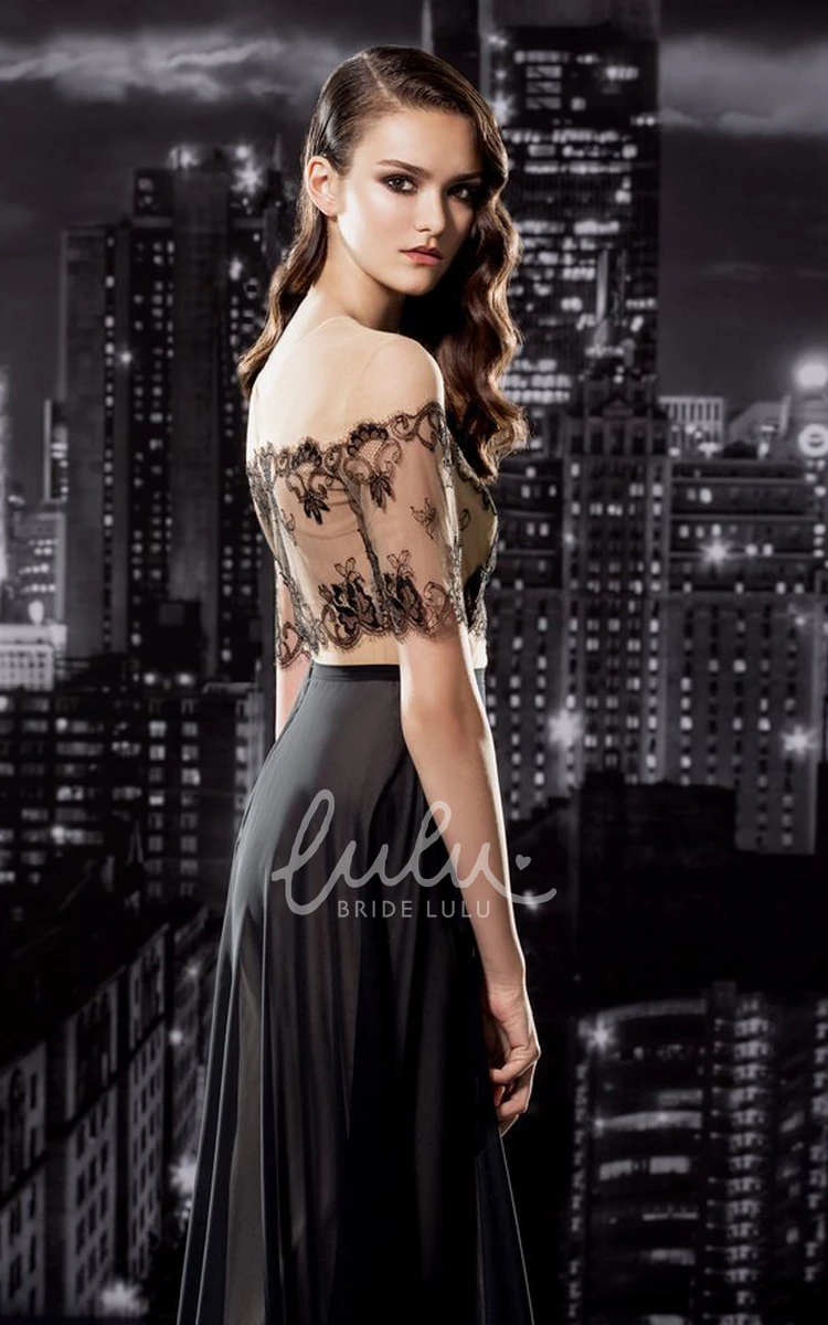Off-The-Shoulder Sheath Short Sleeve Jersey Prom Dress with Lace and Draping