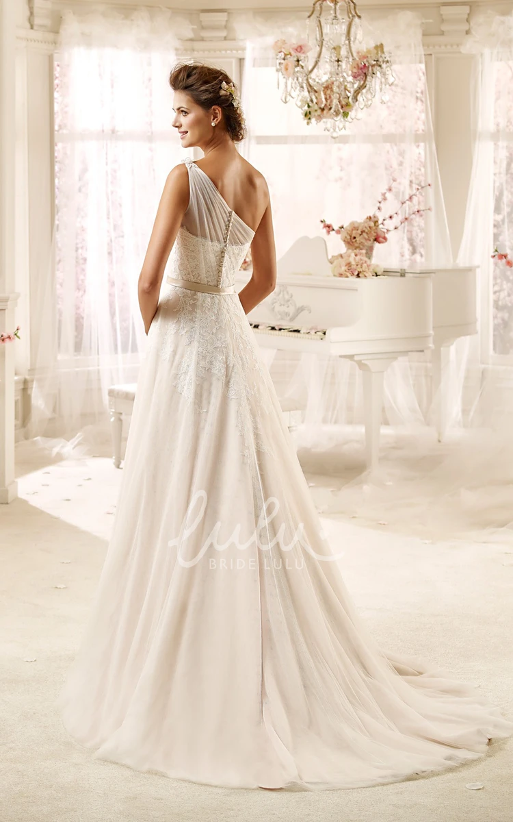 Draping One-Shoulder Tulle Wedding Dress with Satin Sash