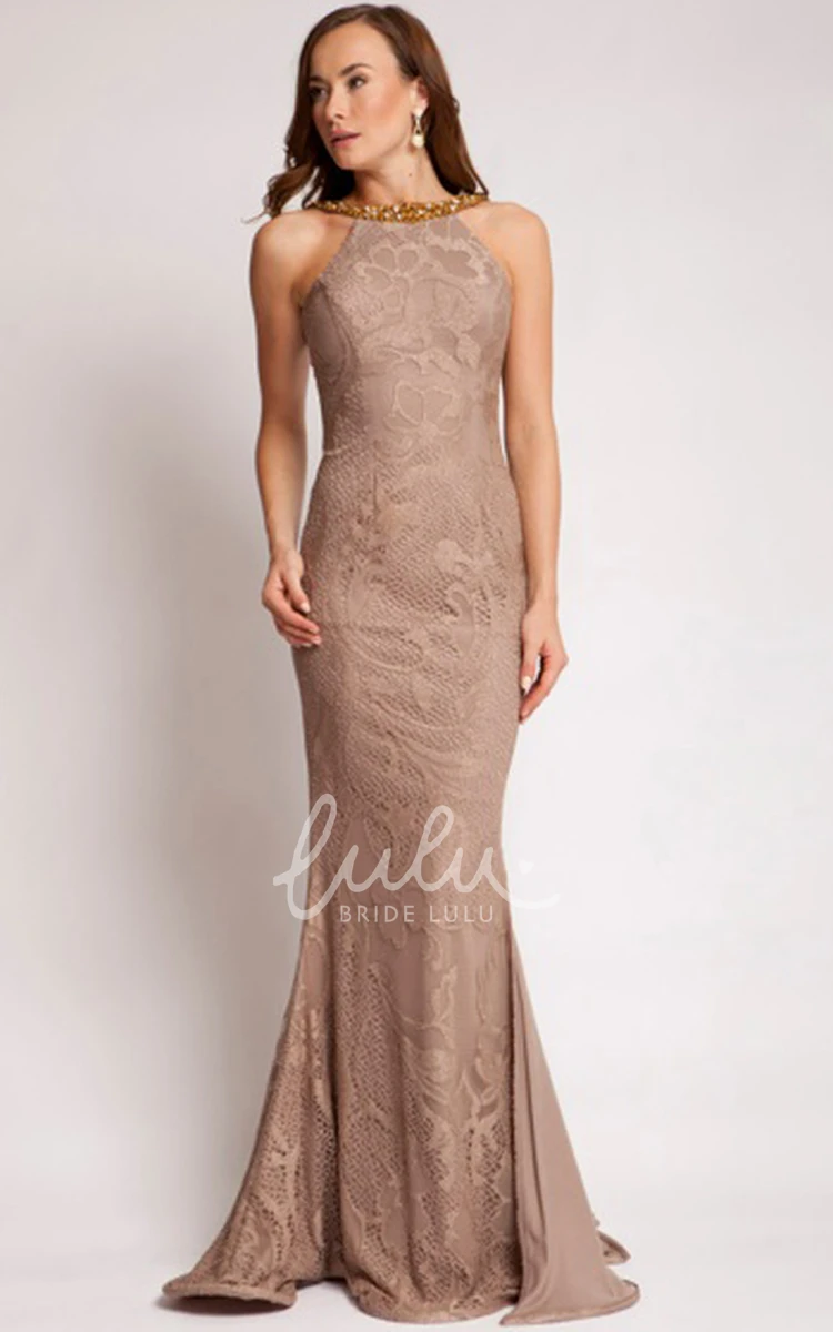 Long Appliqued Lace Prom Dress with Backless Style Sheath Sleeveless