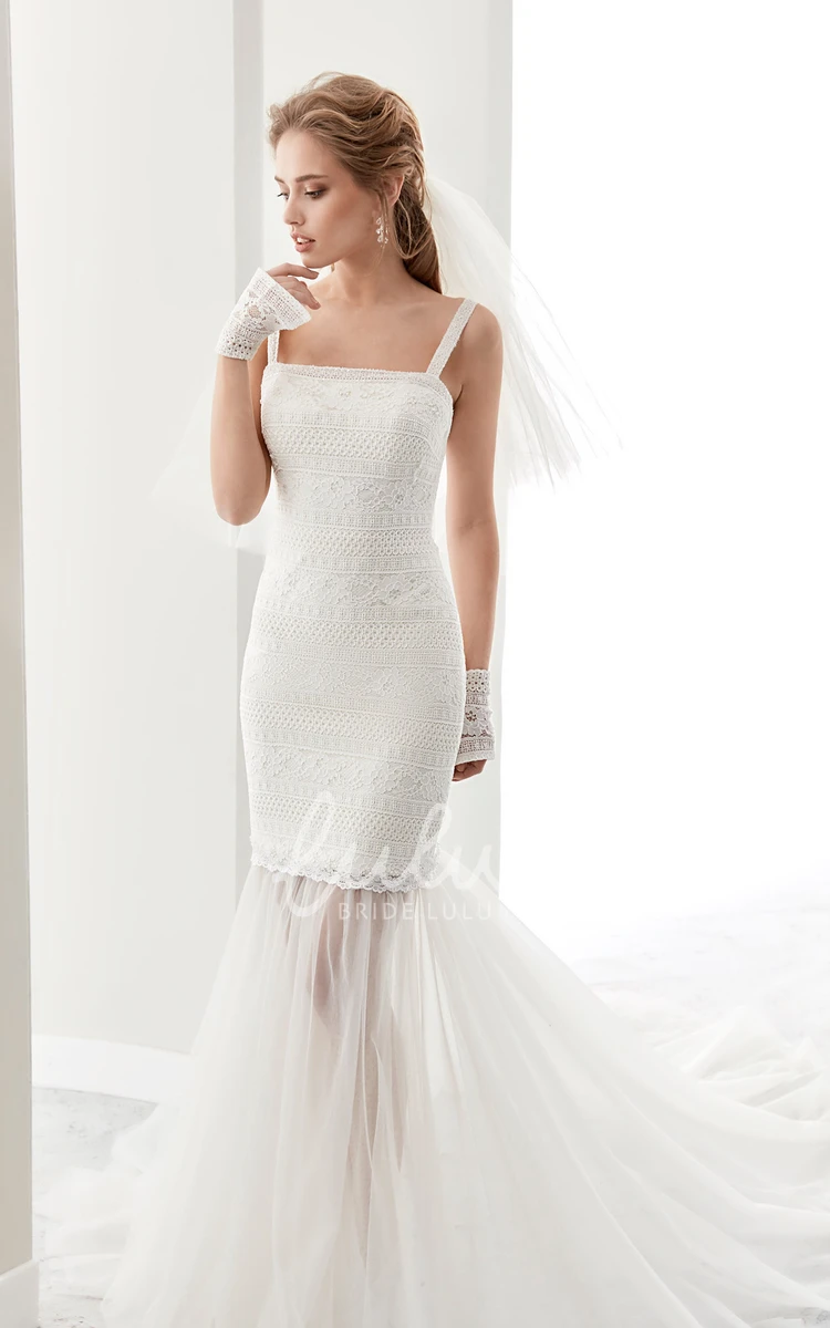 Lace Sheath Wedding Dress with Square Neckline and Detachable Tulle Bottom