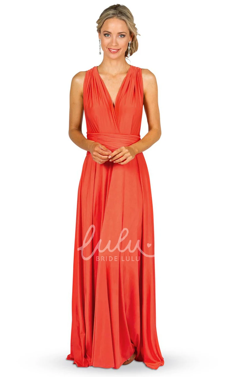 V-Neck Sleeveless Convertible Bridesmaid Dress Maxi Chiffon with Ruching