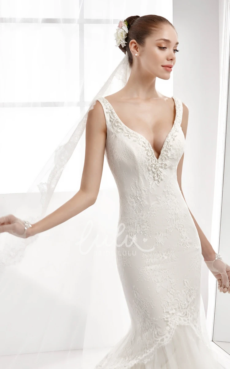 Deep-V Sheath Lace Wedding Dress with Tulle Train and Open Back