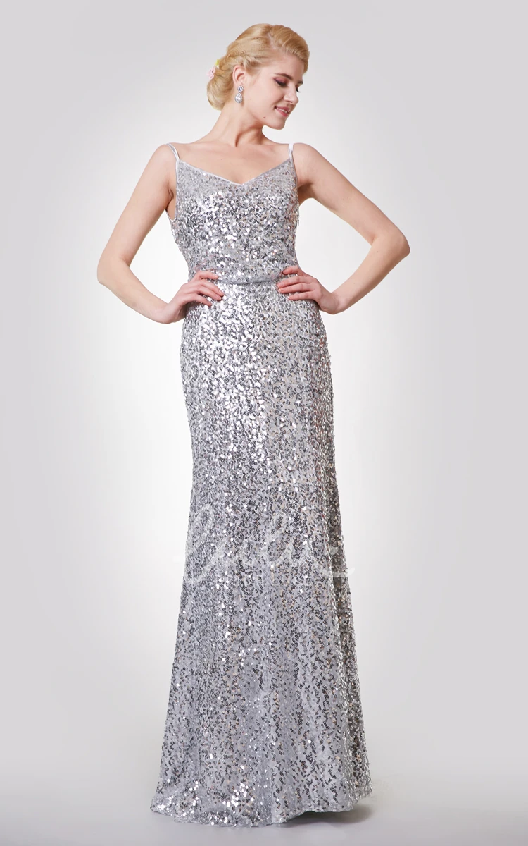 Sequined Spaghetti Strap Prom Dress in Sheath Style