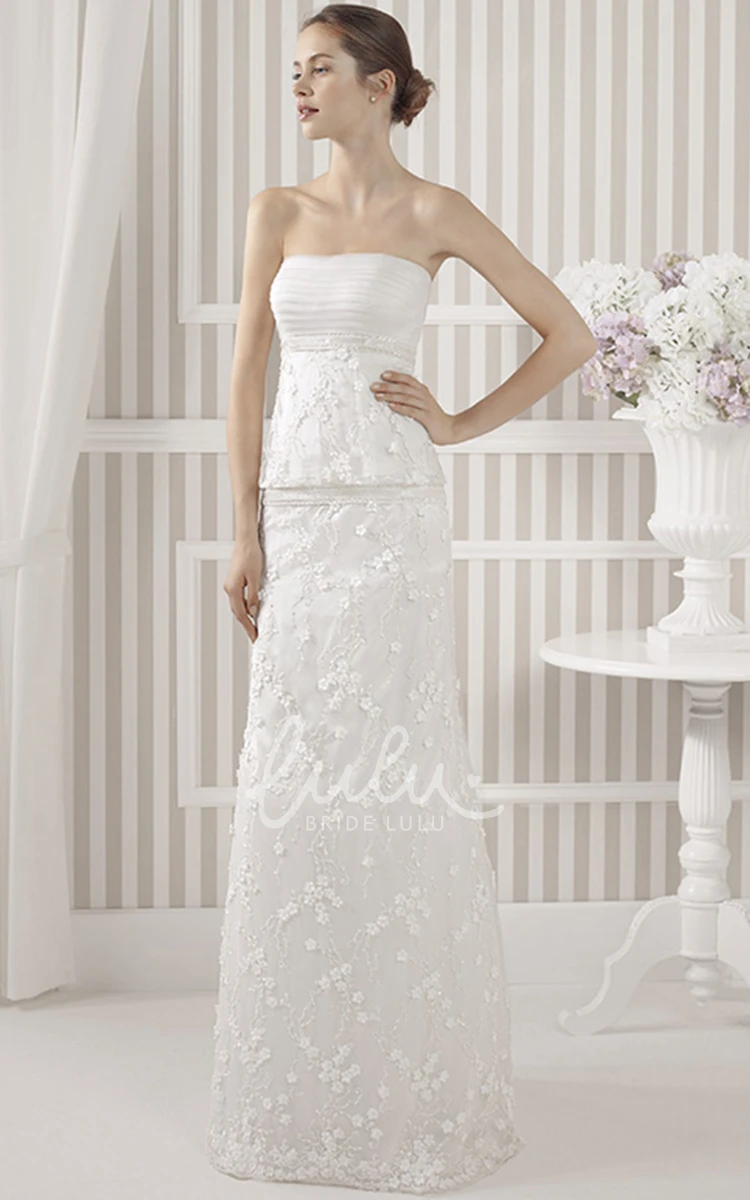 Strapless Ruched Sheath Wedding Dress with Flower and Floor-Length Classic Bridal Gown