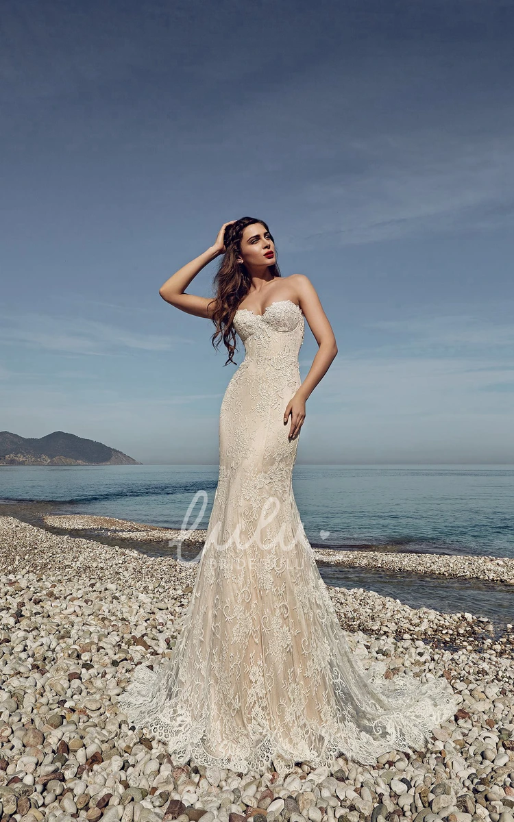 Sweetheart Corset Back Lace Sheath Wedding Dress with Sweep Train