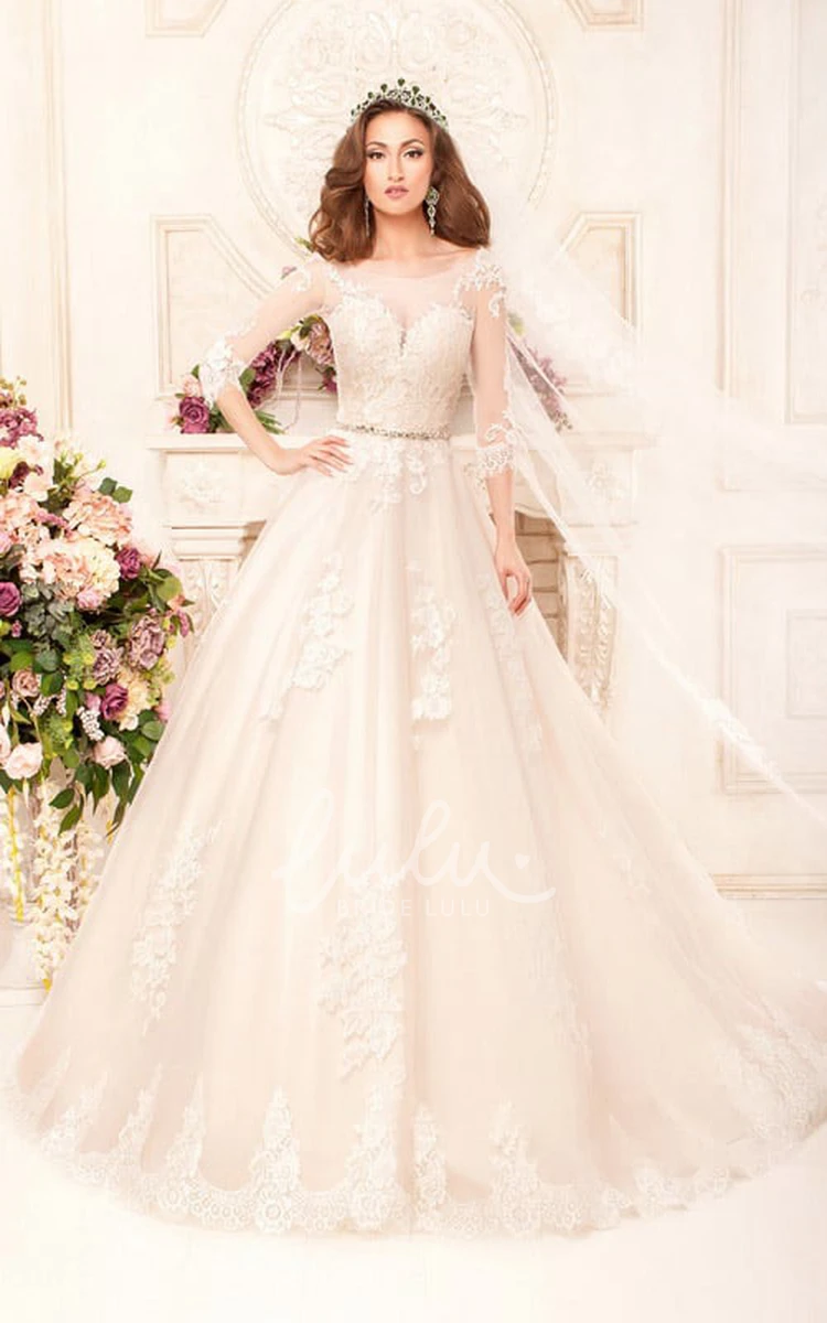 Lace Ball Gown Wedding Dress with Scoop Neckline and Waist Jewelry