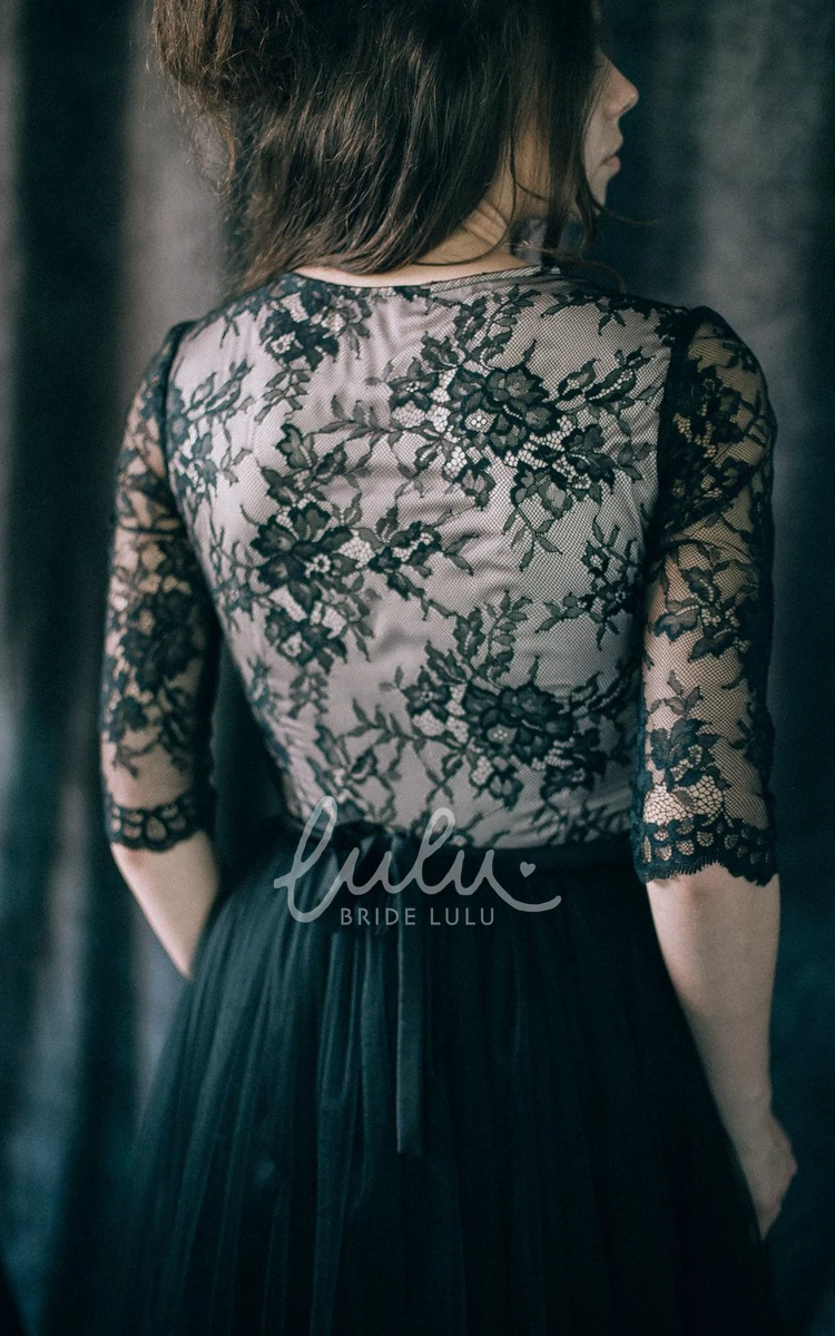 Black Lace Sheath Wedding Dress V-neck Illusion Low-V Back Long Sleeve Floor-length