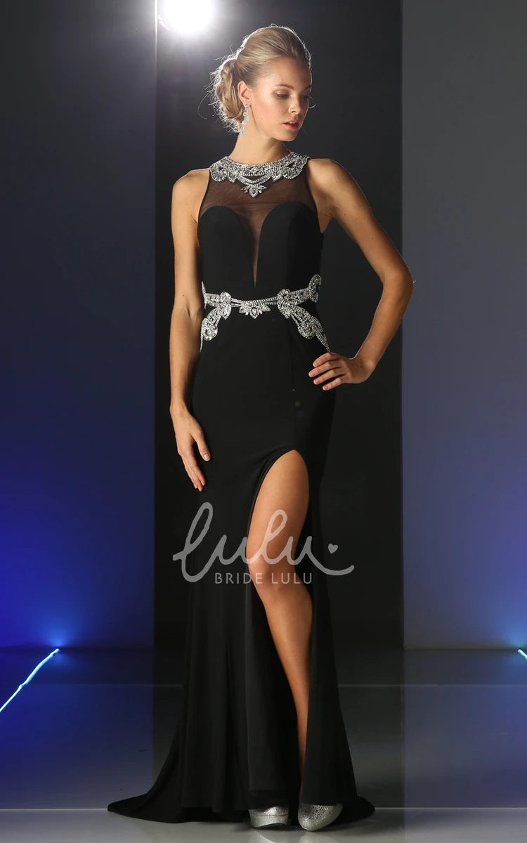 Jewel-Neck Sleeveless Jersey Elegant Dress With Beading and Illusion