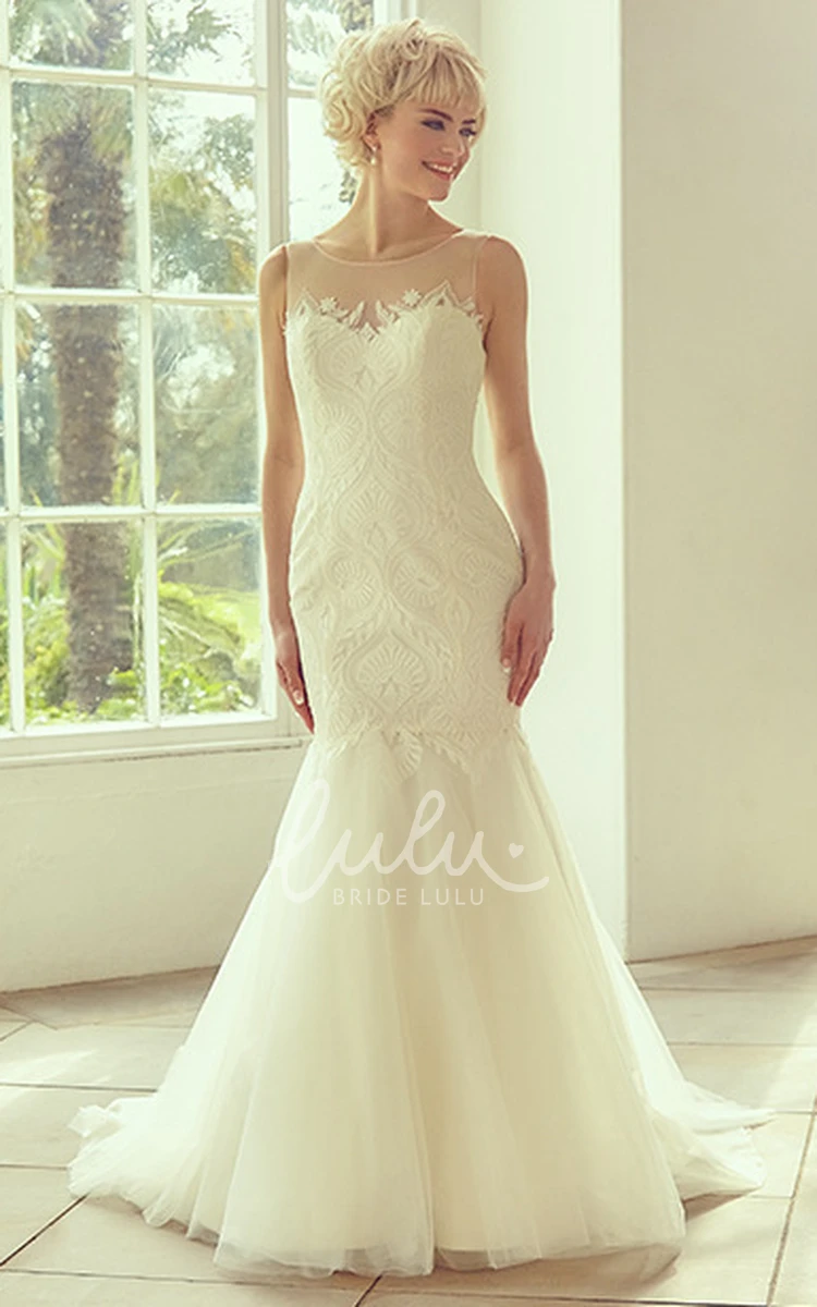 Illusion Bateau Tulle Wedding Dress with Appliques and Court Train Stunning Bridal Gown