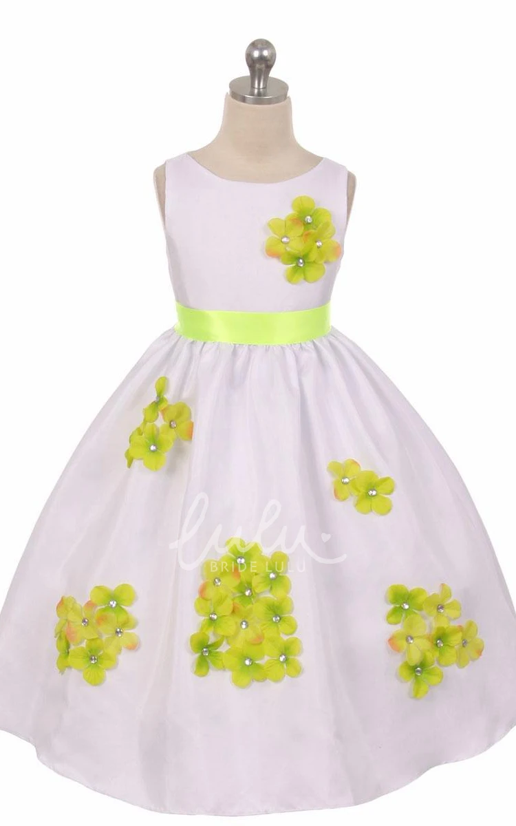 Beaded Floral Ribbon Tea-Length Flower Girl Dress